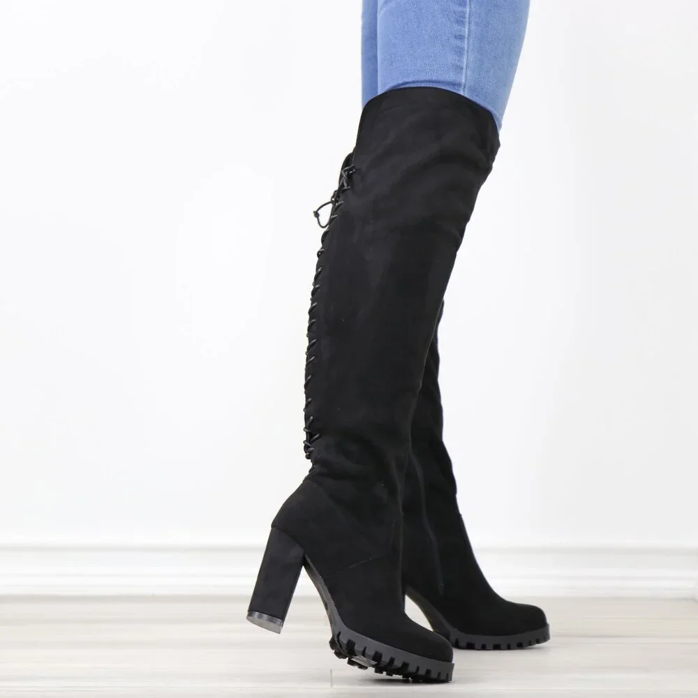 Full Lace-Up Back Black Faux Suede Thigh High Over The Knee Lug Block Heel Boots